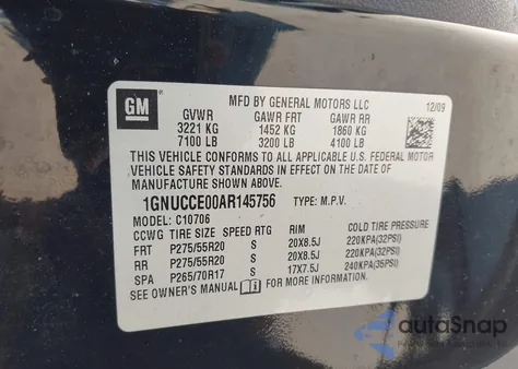 2010 Chevrolet Tahoe Ltz from USA, damaged, VIN 1GNUCCE00AR145756